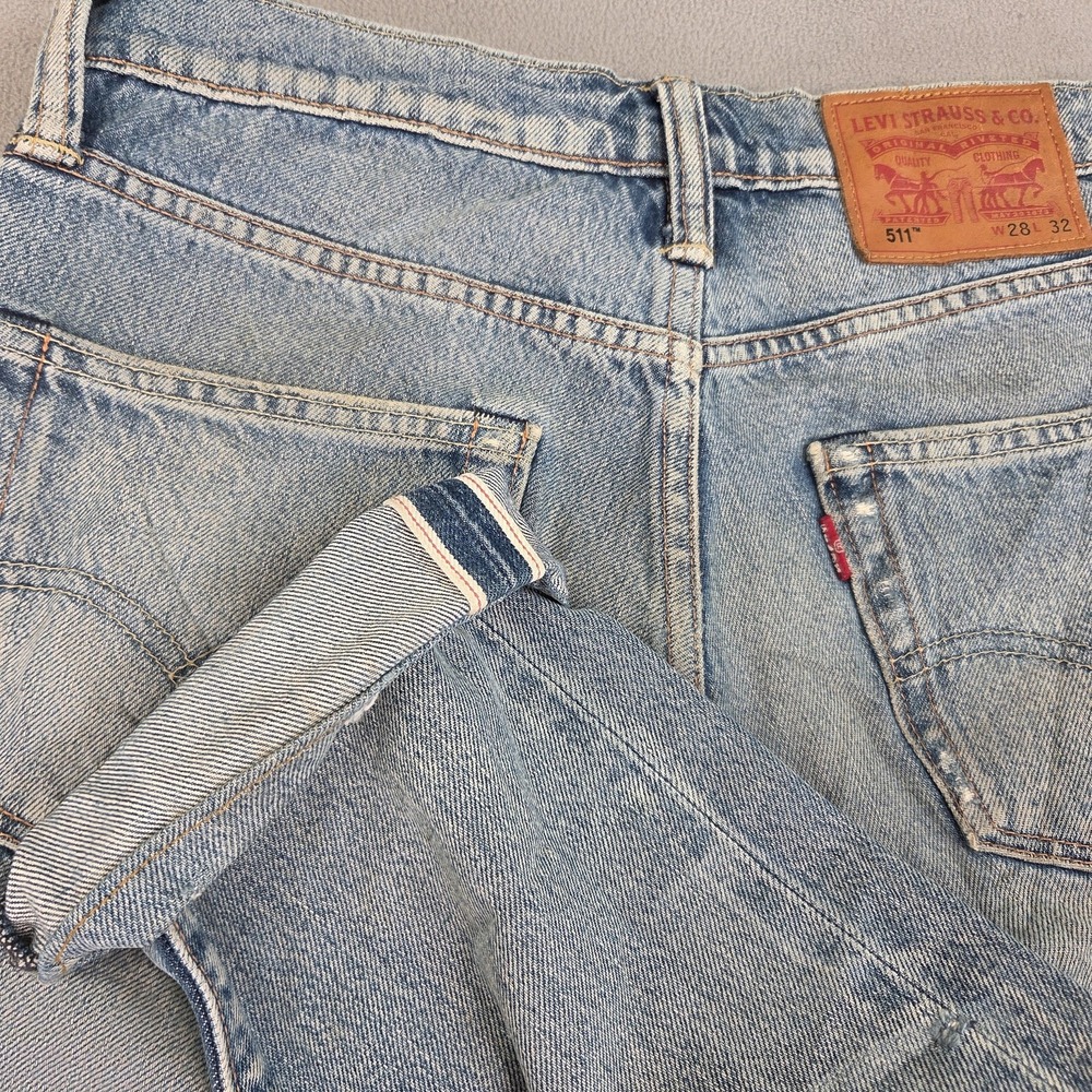 Levi's‎ 511 Jeans Mens 28x28 Light Wash Selvedge Distressed Rip Slim Tag 29x32